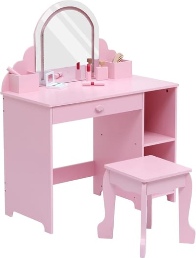 Kinder Kaptafel met Verlichte Spiegel - 2‑in‑1 Kaptafel & Krukje voor Meisjes 3‑9 Jaar, met Lade en Open Planken, Roze