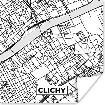 Poster Frankrijk - Clichy - Kaart - Plattegrond - Stadskaart - Zwart wit - 100x100 cm XXL