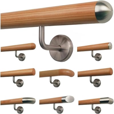 Larikshout trapleuning leuning handvat schuine roestvrijstalen houder, lengte 30-500 cm uit één stuk / variant: 50 cm met 2 houders - uiteinden: halfronde roestvrijstalen kap