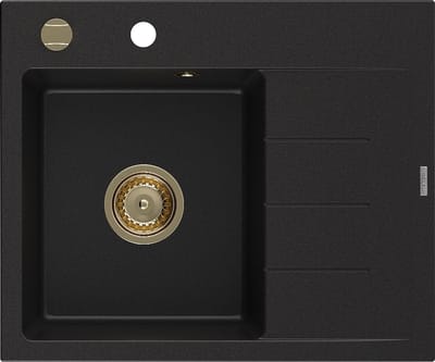 Mexen Ben 1-kamer granieten spoelbak met afdruiprek, links 600 x 500 , zwart, gouden sifon - 6522605000-77-G