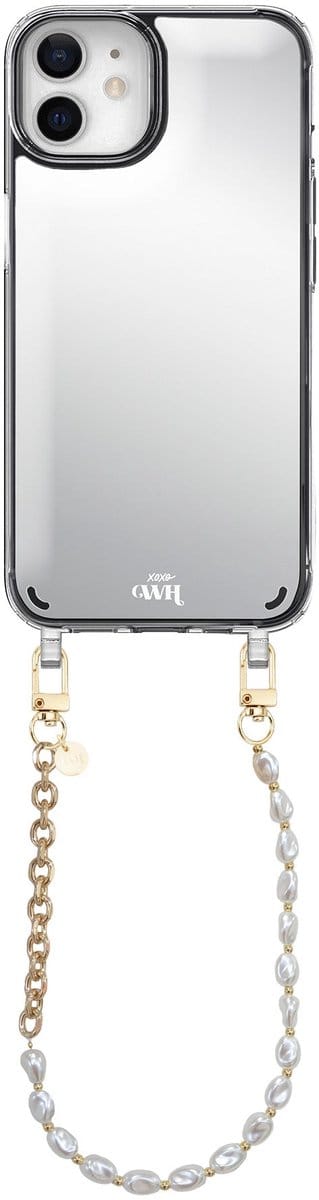 xoxo Wildhearts hoesje met spiegel geschikt voor iPhone 12 case - Over The Moon Mirror Case - Kort koord - Siliconen telefoonhoesje met spiegel - Schokbestendig - Parelketting met gouden schakels