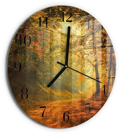 Tulup Wandklok - De herfst in het bos Glazen Klok Met Print - 30fi cm - Oranje Moderne Glazen Wandklok - Zwarte Handen - Ronde Wandklok - Wandklok Glas Met Motief - Decoratieve Glazen Klok