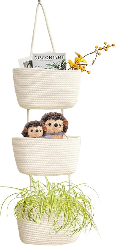 Katoenen manden voor wanddeur, grote decoratieve hangende manden met 3 niveaus voor kinderkamer en badkamer (B-wit)