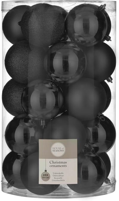House of Seasons Kerstballen - 25 stuks - zwart - 8 cm - kunststof
