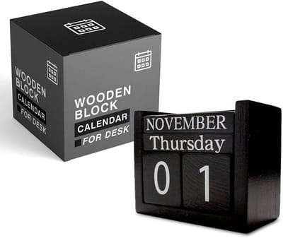 Houten Eeuwigdurende Blokkenkalender Bureau & Kantoor - Zwart Wit Design Dag Maand Week