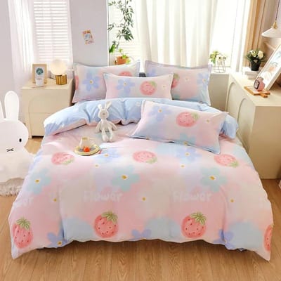 Schattige Aardbei en Gestreepte Dekbedovertrek Katoen Materiaal Kawaii Beddengoed Collectie Zacht Omkeerbare Botanische Dekbedhoes Met 2 Kussenslopen Twin 160x210cm