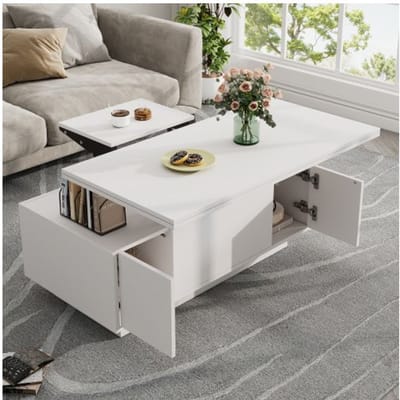 Table basse moderne - MUVOE - Double mécanisme de levage - Espace de rangement caché - Charge max. 50 kg blanc