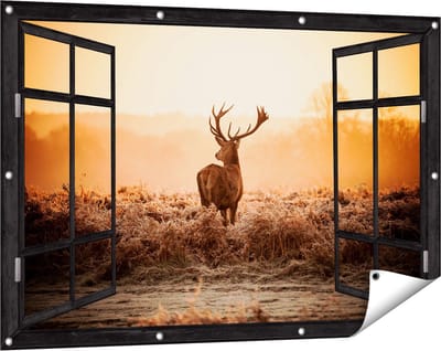 Gards Tuinposter Doorkijk Hert in de Wei tijdens de Zonsopkomst - 120x80 cm - Tuindoek - Tuindecoratie - Wanddecoratie buiten - Tuinschilderij