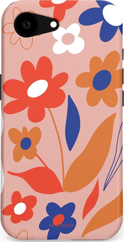 Casetastic hoesje geschikt voor Apple iPhone 16e / Apple iPhone 17e - MagSafe - Dubbellaagse bescherming - Vormen in bloei - Fashion Case - Perzik Rood Donkerblauw