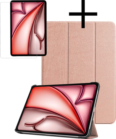 Hoes - Geschikt voor Apple iPad Air (2024/2025/2026) - 11 inch - Met Screenprotector - Trifold Bookcase - Hard Cover - Hardcover Book Case - Tablet Hoesje - Rosé goud