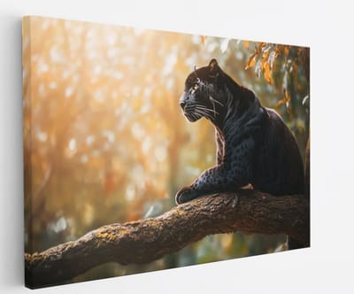 Saammp Canvas Schilderij - zwarte panter op boom - Natuur - Dieren - 45x30 - Foto op canvas - Wanddecoratie - Muurdecoratie Woonkamer - Slaapkamer decoratie - Canvas Print