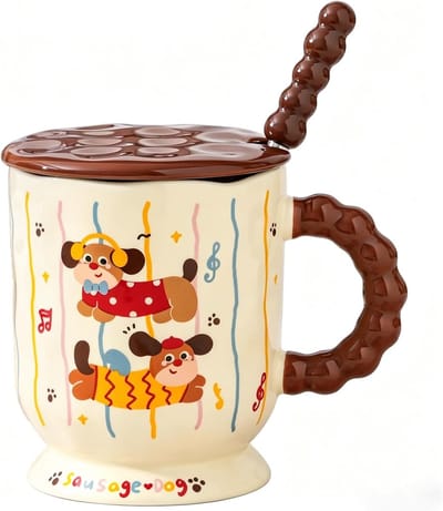 Decoratieve keramische mok met deksel en roestvrijstalen lepel - Grappige koffiemok en theekop als cadeau voor vrouwen, schattige kopjes voor hondenliefhebbers en teckel fans