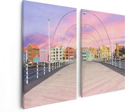 Artaza Canvas Schilderij Tweeluik Willemstad Gekleurde Huisjes in Curaçao  - 80x60 - Foto Op Canvas - Canvas Print
