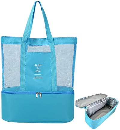 Dailygoods- Strandtas met ritssluiting - Extra grote boodschappentas - Opvouwbare picknicktas - Zandbestendig - Ademend mesh-materiaal - 4 aparte vakken