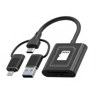 3-in-1 SD en Micro SD (TF) Kaartlezer - USB-A - USB-C - 8-pin (geschikt voor Lightning) - USB 3.1 - 200MB/s - zwart