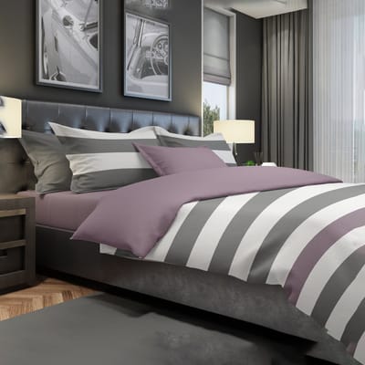 The One Bedding Dekbedovertrek Strepen - 140 x 220 cm - Eenpersoons - 1 Kussensloop - Katoen - Donkergrijs & Pruim