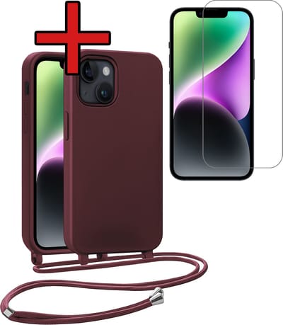 Hoesje Geschikt voor iPhone 13 Mini Hoesje Siliconen Case Met Koord Met Screenprotector - Hoes Geschikt voor iPhone 13 Mini Hoesje Backcover Met Telefoonkoord - Aubergine