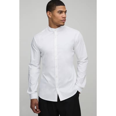 Slim Fit Overhemd met Staande Kraag van Katoen | White | Size Small