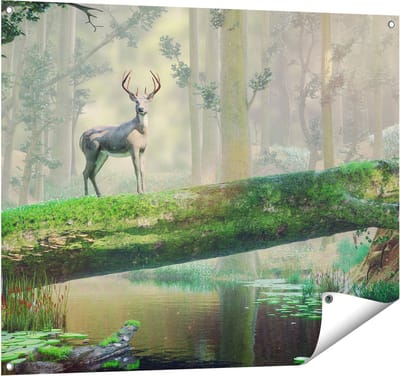Gards Tuinposter Hert in het Bos op een Boom - 100x80 cm - Tuindoek - Tuindecoratie - Wanddecoratie buiten - Tuinschilderij