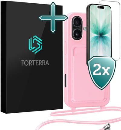 Hoesje Geschikt voor iPhone 17 Pashouder Case Siliconen Hoes Met Koord Met 2x Screenprotector - Hoes Geschikt voor iPhone 17 Met Telefoonkoord Hoesje Back Cover Met Pasjeshouder - Lichtroze