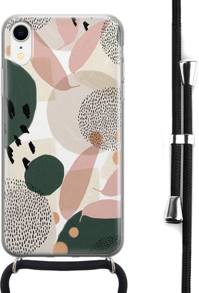 Hoesje met koord - Geschikt voor iPhone XR - Abstract print - Verstelbaar zwart koord - Transparant, Beige - Print / Illustratie - Leuke Telefoonhoesjes