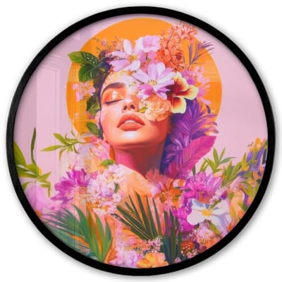 Poster in lijst Rond - Fotolijst 40x40 cm - Posters - Vrouw - Abstract - Cirkel - Bloemen - Ronde posterlijst zwart - Decoratie - Wanddecoratie woonkamer - Muurdecoratie slaapkamer