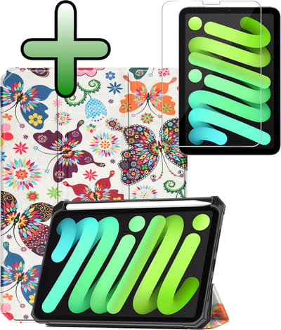 Hoesje Geschikt voor Apple iPad Mini 7 (2024) - 8.3 inch - 7e Generatie - Met Screenprotector - Trifold Bookcase - Hard Cover Case - Met Uitsparing Geschikt voor Apple Pencil - Hardcover Book - Tablet Hoes - Vlinders