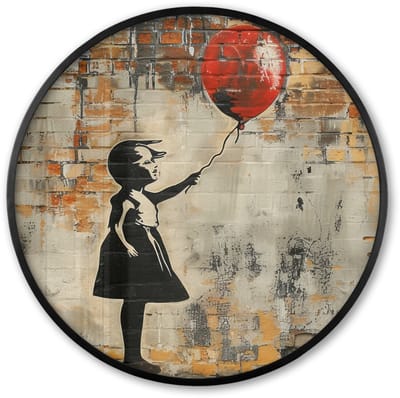 Poster in lijst Rond - Fotolijst 60x60 cm - Posters - Graffiti - Banksy Style - Meisje met ballon - Ronde posterlijst zwart - Decoratie - Wanddecoratie woonkamer - Muurdecoratie slaapkamer