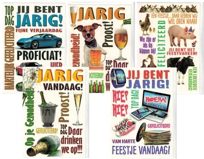 Wenskaarten - set van 5 - vrolijke kaarten - felicitatie - proost - op je gezondheid - verjaardag - hartelijk gefeliciteerd - hiep hiep hoera - feestvarken - proficiat - jarig - grappig
