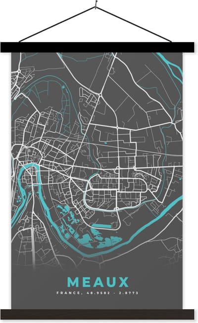 Posterhanger incl. Poster 40x60 cm - Schoolplaat - Plattegrond – Meaux – Stadskaart – Kaart – Frankrijk - Textielposter - Zwarte latten - Stadskaart