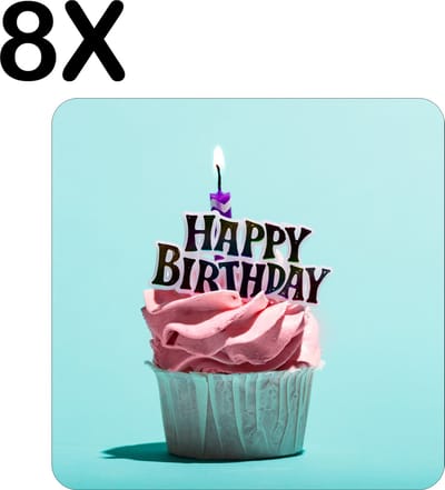 Luxe Placemat - Happy Birthday Roze Muffin met Turqoise Achtergrond - Set van 8 Placemats - 50x50 cm - 2 mm dik Vinyl - Anti Slip - Afneembaar