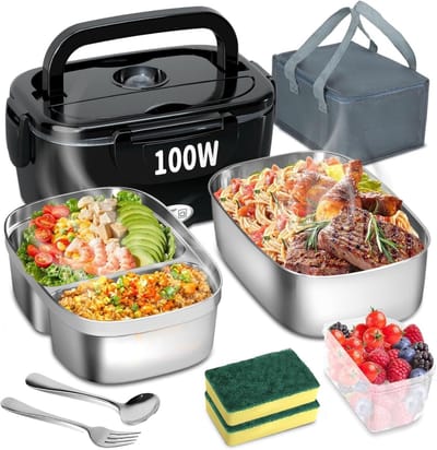 Quvo® Elektrische Lunchbox - Lunchbox Elektrisch - Broodtrommel Elektrisch - 3 in 1 - 1.5L- Zwart- 26cm x 19cm x 14cm