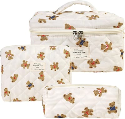Drie-delige Make-up Set met Bloemenpatroon, Gevoerde Make-up Tas voor Vrouwen en Meisjes, Bruin en Wit, Perfect voor Reizen en Organisatie