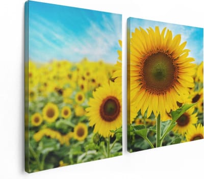 Artaza Canvas Schilderij Tweeluik Zonnebloemen Veld  - 120x80 - Foto Op Canvas - Canvas Print
