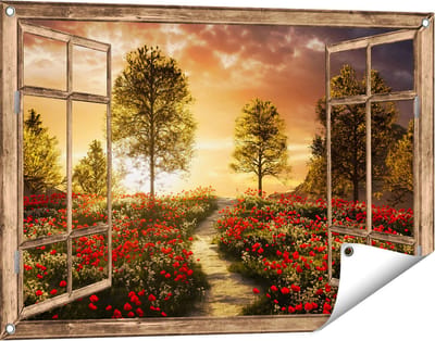 Gards Tuinposter Doorkijk Mooi Landschap met Rode Bloemen en Zonsondergang - 90x60 cm - Tuindoek - Tuindecoratie - Wanddecoratie buiten - Tuinschilderij