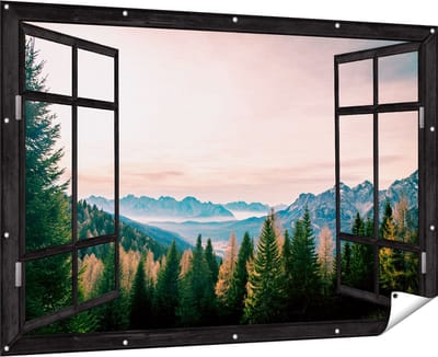 Gards Tuinposter Doorkijk Bos met Bomen bij Bergen Landschap - 180x120 cm - Tuindoek - Tuindecoratie - Wanddecoratie buiten - Tuinschilderij