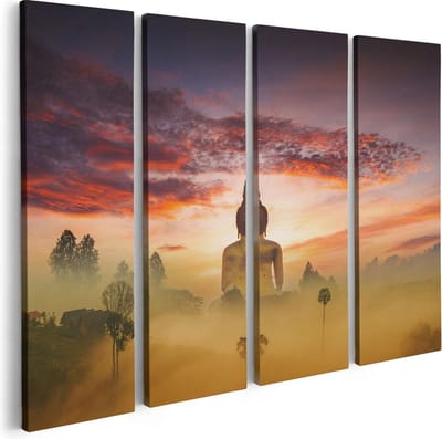 Artaza Canvas Schilderij Vierluik Boeddha Beeld In De Mist - 80x60 - Foto Op Canvas - Canvas Print