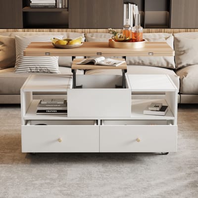 MODFU Salontafel 100x50x47,5 cm van MDF met walnoothouten blad, verstelbaar hef- en klapfunctie en 4 lades