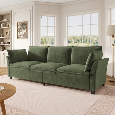 Comfortabele 3-ZitsBank, XXXL 3-Zits Bank Met Chenille Stof, Cloud Soft Comfort, Metalen Frame, Zachte Bekleding, Met 2 Armleuningkussens, Moderne Bank Voor Woonkamer, Slaapkamer En Appartementen,Groente
