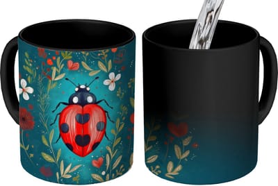 Magische Mok - Foto op Warmte Mokken - Koffiemok - Bloemen - Lieveheersbeestje - Hartje - Rood - Magic Mok - Beker - 350 ML - Theemok