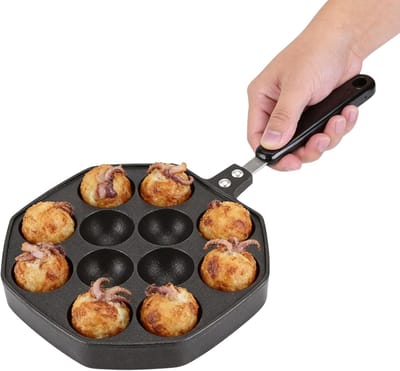 Takoyaki Pan - 12 Gaten Octopus Ball Maker - Aluminium Anti-Anbak Grillpan - Dik Handvat - Zwart - 34x18.5x4 cm