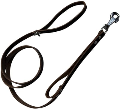 K9World by van der Veeke, Leren Hondenriem met Dubbel Handvat – Donker Bruin leer - 180 cm x 18 mm – Extra Controle – Sterke Verchroomde Musketonhaak – ME Lijn