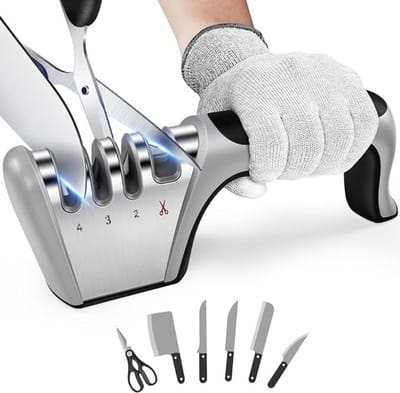 Nexvo® Professionele Messen Slijper - 4 in 1 - Met Anti-snij Handschoen - Voor Keuken- en Scharen - Zilver - ‎23cm x 8cm x 5cm
