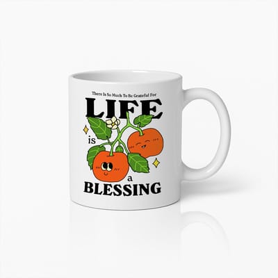Inspirerende Koffiemok 330ml – “Het Leven is een Zegen” met Schattig Fruitontwerp – Motiverend Cadeau voor Vrienden & Familie