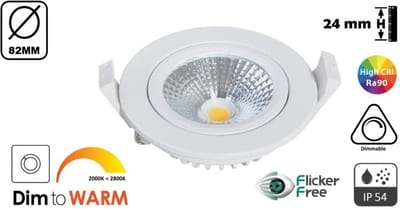 Inbouw LED Spot Wit | 5 Watt | 450 Lumen | Dim To Warm | Kantelbaar | IP44 | Dimbaar | CRI90 | Gatmaat 72mm