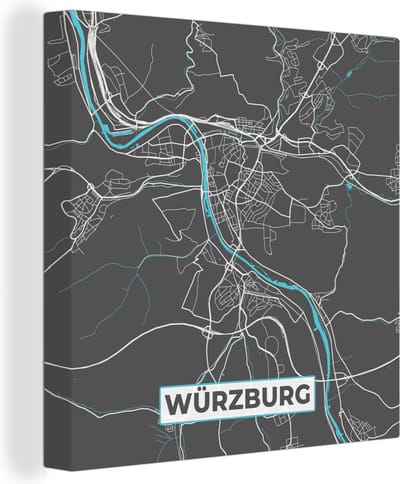 Canvas Schilderij Blauw – Duitsland – Plattegrond – Stadskaart – Kaart – Würzburg - 20x20 cm - Wanddecoratie