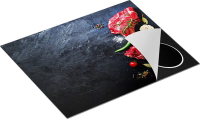 Chefcare Inductie Beschermer Rood Vlees met Groentes op een Marmeren Plaat - 65x50 cm - Afdekplaat Inductie - Kookplaat Beschermer - Inductie Mat