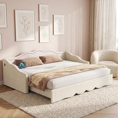 Gestoffeerd kinderbed - Uitschuifbaar bed - Ruimtebesparend slapen - Geïntegreerde verlichting - 90x200 cm - Beige