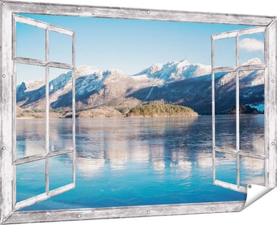Gards Tuinposter Doorkijk Meer bij het Bergen Landschap in Noorwegen - 180x120 cm - Tuindoek - Tuindecoratie - Wanddecoratie buiten - Tuinschilderij