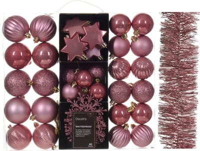 Kerstversiering set - oudroze - kerstballen, ornamenten en folie slinger - kunststof